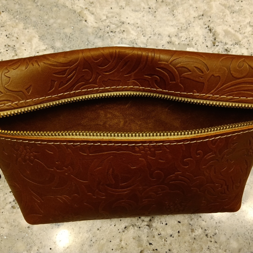 Portland Leather Floral Embossed Tan Cosmetic Case - Picture 4 of 7
